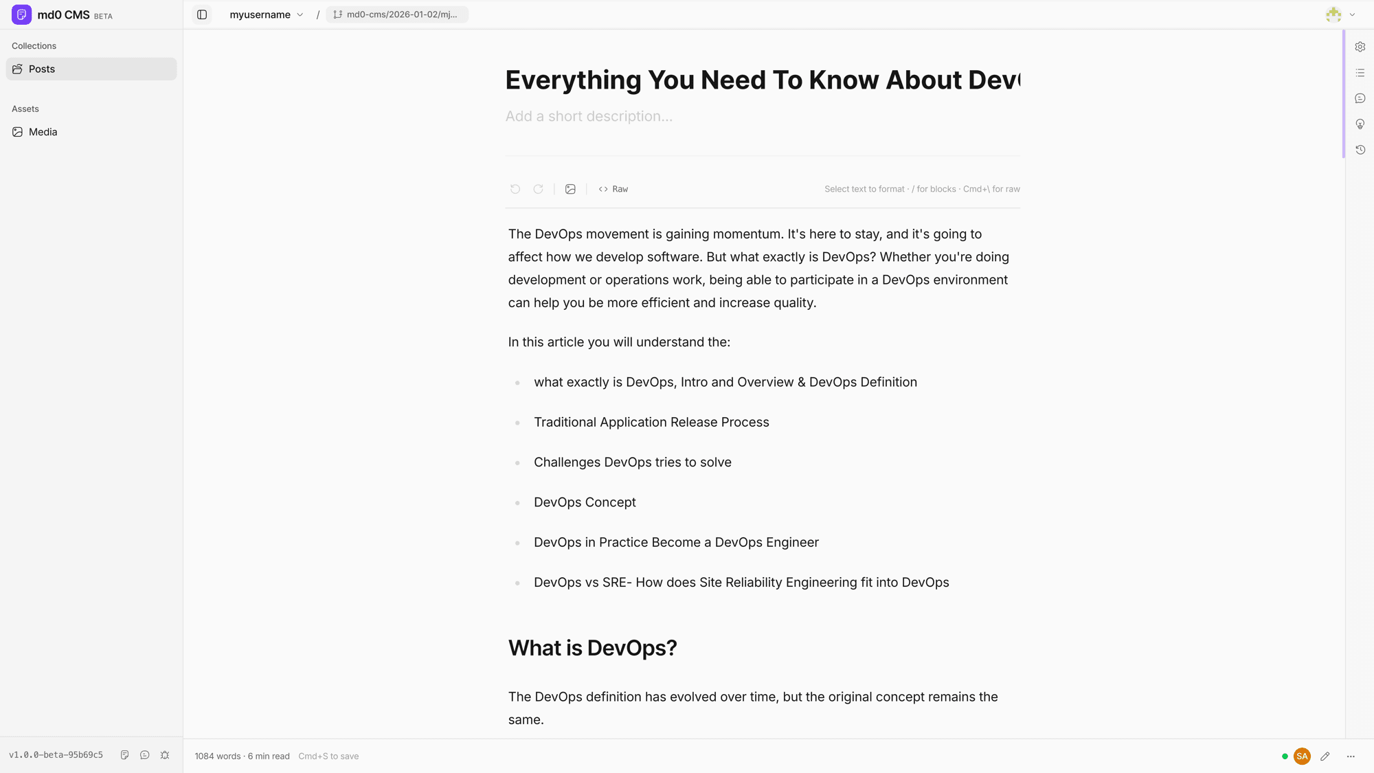 md0 CMS visual editor — WYSIWYG markdown editing with GitHub sync